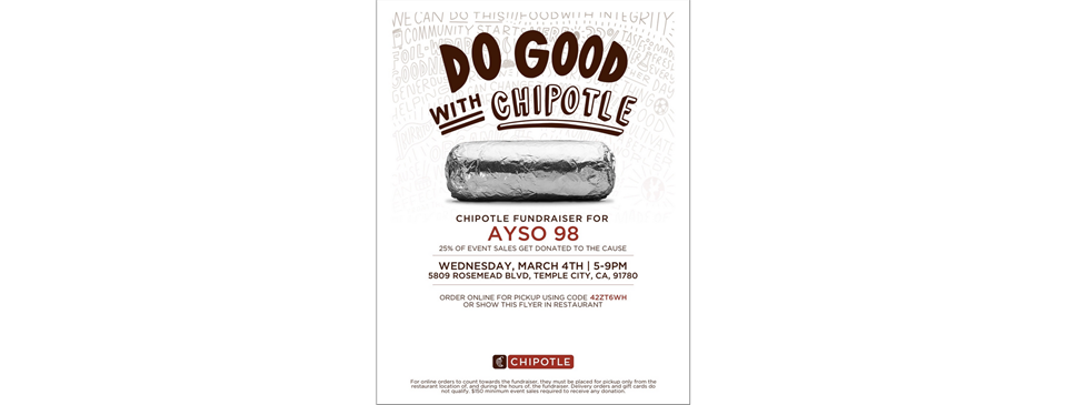 AYSO Region 98 Chipotle Fundraiser March 4th