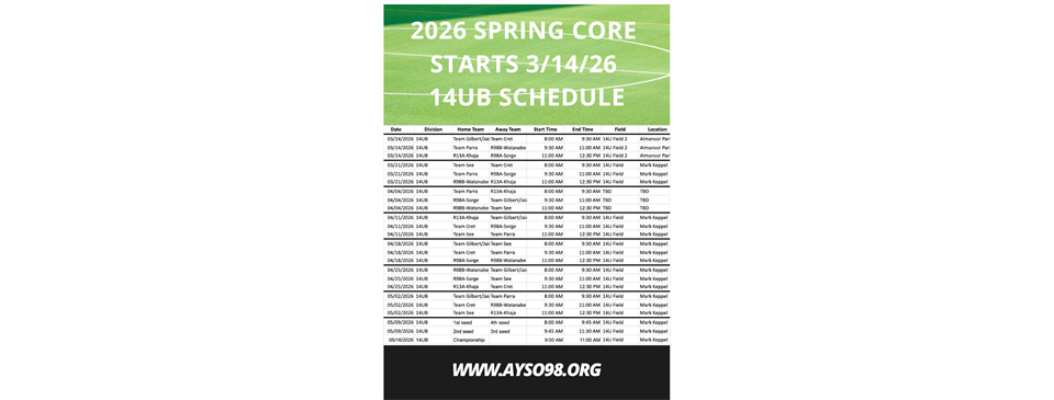 2026 Spring Core 14UB Game Schedule
